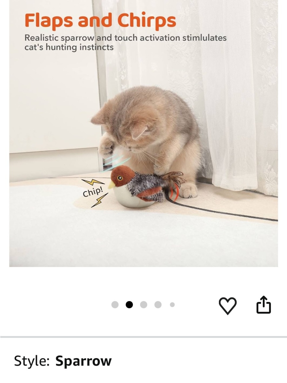 ๐ ๐ Flapping Chirping Sparrow Cat Toy - Brown/White - Picture 6 of 16